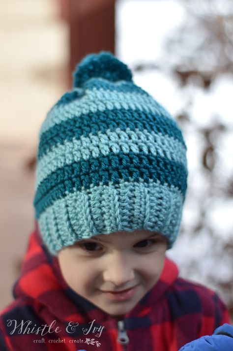 Crochet Hats For Boys Free Pattern, Crochet Boys Hat Free Pattern, Boys Crochet Hats Free Pattern, Crochet Striped Hat, Crochet Kids Hat, Crochet Patterns Hats Kids, Crochet Poncho Kids, Crochet Pom Pom Hat, Crocheted Beanies