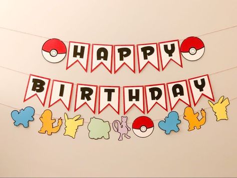 Pokemon Birthday Sign Diy, Pokemon Happy Birthday Banner, First Birthday Pokemon Theme, Pokemon Garland, Diy Pokemon Party Decorations, Pokemon Birthday Banner, Pokemon Birthday Decorations, Happy Birthday Pokemon, Pokemon Banner