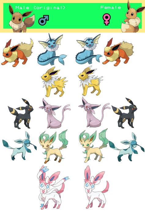 Since Eevee got one I imagined gender differences for all the eeveelutions! Different Eeveelutions, Eeveelutions All Types, Eeveelutions Redesign, Eeveelutions As Humans, Fanmade Eeveelutions, Cute Eeveelutions, Evee Pokemon, Eevee Art, Eeveelutions Art