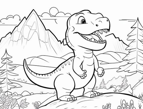 illustration of a cute happy allosaurus on a mountain Dinosaur Printable, Adults Coloring, Animals Coloring, Dinosaur Coloring Pages, Dinosaur Coloring, Online Coloring Pages, Baby Dinosaurs, Fantasy Fairy, Fantasy Dragon