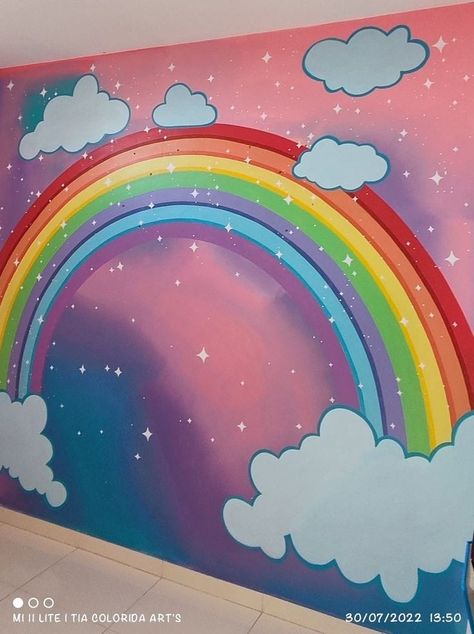 Rainbow Wall Painting Ideas, Rainbow Mural Kids Room Diy, Rainbow Mural Kids Room, Rainbow Kids Room Decor, Bedroom Rainbow, Rainbow Mural, Creative Kids Rooms, Kids Room Murals, Kids Room Interior Design