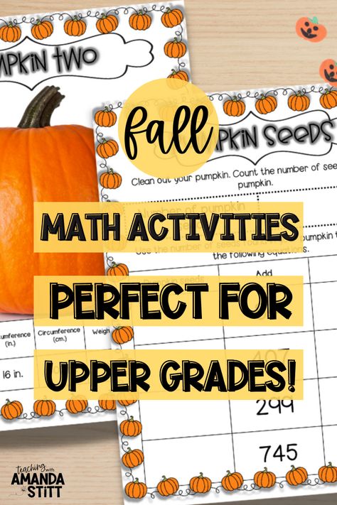 Are you an upper grade math teacher looking to some fall fun into your classroom? This blog is for you! Discover 4 fall math activities that your students will love. These activities include a pumpkin math activity that practices 3rd, 4th, and 5th grade whole number and decimal place value skills. Plug these ideas and worksheets into your math centers, lessons, and teaching plans. Fall activities aren't just for little kids. Discover how to bring seasonal fun into your upper grade math class. Halloween Math Upper Elementary, 1st Grade Fall Math Activities, November 3rd Grade, Fall Activities For Third Grade, Fall Multiplication Activities, Pumpkin Classroom Activities, Pumpkin Math Activities, Math Stem Activities, Pumpkin Activity