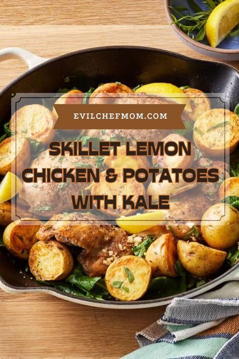 Skillet Lemon Chicken & Potatoes with Kale Lemon Chicken Potatoes, Chicken And Kale Recipes, Skillet Lemon Chicken, Lemon Chicken And Potatoes, Chicken And Kale, Potatoes And Kale, Juicy Chicken Thighs, Chicken And Potatoes, Chicken Patties