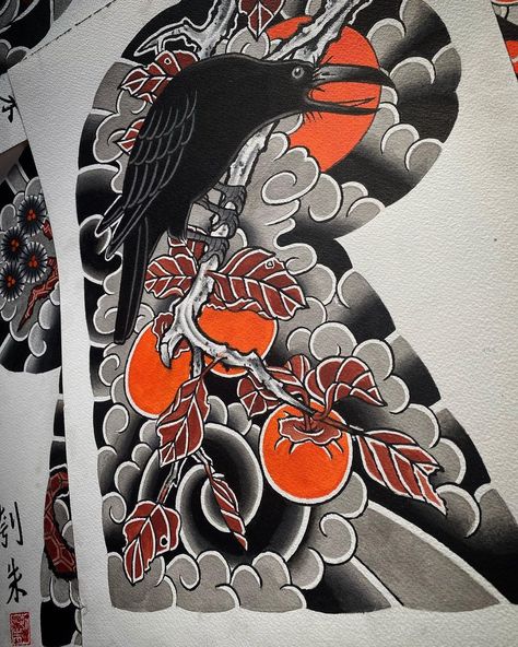 Three Legged Crow, Sun Symbolism, Crow Tattoo, Japanese Tattoo Designs, Japanese Tattoo, Persimmon, Inspirational Tattoos, Half Sleeve, Sleeve Tattoos