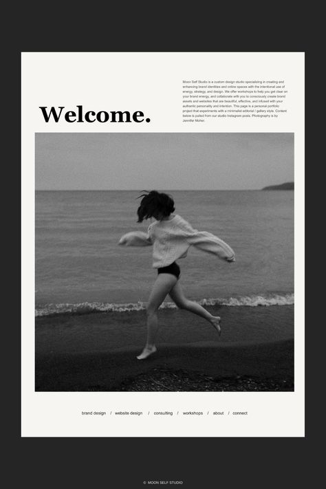 A personal portfolio website home page experimenting with a minimalist editorial / gallery style. Photography by Jennifer Moher. Editorial Aesthetic Layout, Instagram Design Layout Minimalist, Photography Magazine Layout Design, Minimalist Editorial Design Layout, Indesign Portfolio Layout, Ig Post Design Layout, Personal Magazine Design, Graphic Design Posters Layout Ideas, Aesthetic Website Design Layout