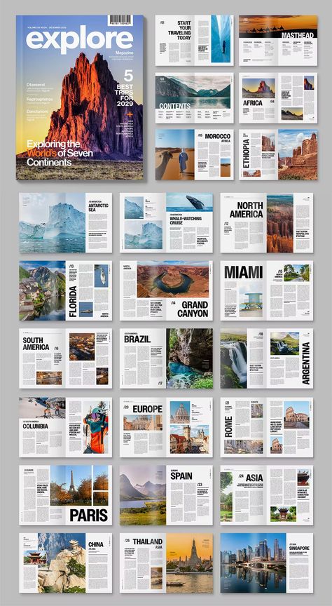 Modern Magazine Template INDD. Final printed size: US Letter. Magazine Articles Layout, Single Page Magazine Layout, Free Magazine Template, Photography Magazine Layout, Graphic Magazine, Coffee Table Book Design, Whale Watching Cruise, Magazine Design Cover, Modern Magazine