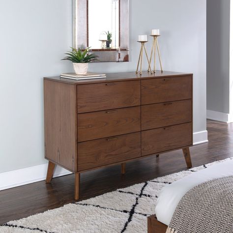 Brown Dresser Bedroom, Mid Century Modern Wardrobe, Walnut Dresser, Mid Century Modern Dresser, Mid Century Modern Bedroom, Value City Furniture, Bedroom Furniture Dresser, Modern Dresser, Bronze Hardware