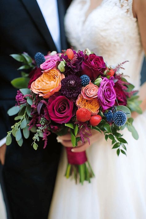 Jewel Tone Wedding bouquet Magenta Flowers Bouquet, Multicolored Bouquet Wedding, Floral Arrangement In Vase, Floral Bouquet Color Palette, Spring Wedding Colors Purple, Jewel Tone Beach Wedding, Dark Wildflower Bouquet, Jewel Tone Flowers Wedding, Jewel Tone Flower Arrangements