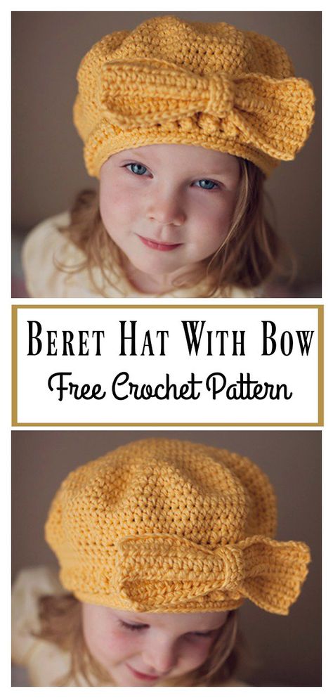 Beret Hat Free Crochet Pattern With Bow #Freepattern #Crochet Free Crochet Pattern For Toddler Hat, Crochet Beret Hat Pattern, Crochet Barret Hat Pattern Free, Crocheted Beret Free Pattern, Kid Crochet Hat, Crochet Bow Hat, Children’s Crochet Hat Patterns, Child Hat Crochet Pattern Free, Kids Hat Crochet Pattern