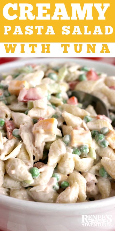 Creamy Tuna Pasta Salad by Renee's Kitchen Adventures is an easy recipe for a delicious tuna pasta salad or tuna macaroni salad made with pasta shells, peas, celery, red pepper, onion, cheddar cheese, and tuna in a creamy mayonnaise based sauce. Served cold for lunch, a side dish, or a light dinner. Perfect recipe for picnics, pot lucks, and summer parties. #ad #GiantEaglePerks #cbias #collectivebias Creamy Tuna Pasta Salad, Poverty Meals, Tuna Pasta Salad Recipes, Takeout Recipes, Tuna Macaroni Salad, Creamy Tuna Pasta, Tuna Pasta Salad, Creamy Pasta Salads, Healthy Foods To Make