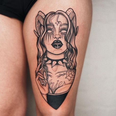 Ethereal Tattoos Thigh, Aries Lady Tattoo, Goth Girl Tattoo Ideas, Goth Girl Tattoo, Aries Goddess Tattoo, Thigh Tattoos For Women, Leg Tats, Aries Tattoos, Small Neck Tattoos