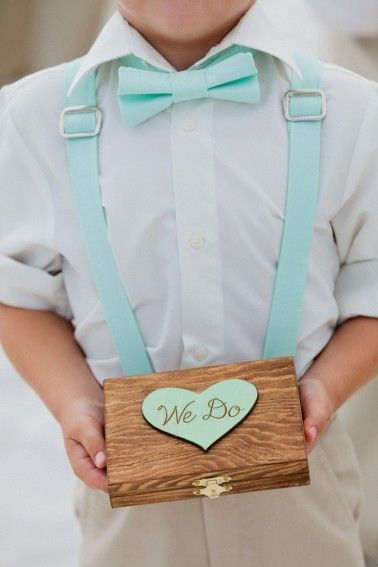 "We Do" ring bearer box! Beach Wedding Ring Bearer Attire, Mint And Gold Wedding, Tie And Suspenders, Wedding Mint Green, Tiffany Blue Wedding, Painted Box, Bearer Outfit, Ring Bearers, Ring Bearer Outfit