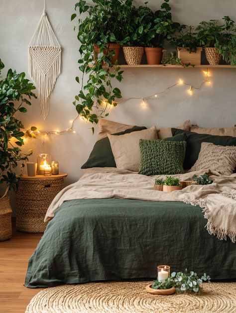 Cozy Woodsy Bedroom, Neutral Retro Bedroom, Room Decor Bedroom Earthy, Boho Vibe Room, Succulent Inspired Bedroom, Master Bedrooms Decor Plants, Throw On Blanket On Bed, Green And Orange Bedroom Decor, Olive And Plum Bedroom