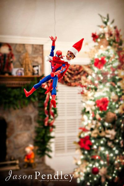 Spiderman saves Fred the elf Marvel Elf On The Shelf Ideas, Elf And Spiderman, Elf On The Shelf Ideas Spiderman, Elf On Shelf Super Hero Ideas, Elf Superhero Ideas, Spiderman Elf On The Shelf, Super Hero Elf On The Shelf Ideas, Elf Spiderman, Elf On The Shelf Superhero Ideas