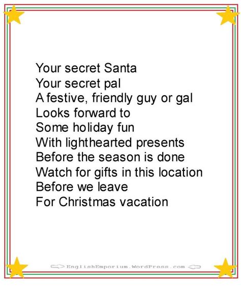 Some Secret Santa or Silly Santa groups will go whole-hog on the big reveal, offering a gift of $20 each or more. Description from secretpalteachers.wordpress.com. I searched for this on bing.com/images Secret Pal Ideas, Secret Santa Messages, Secret Santa Note, Secret Santa Poems, Christmas Messages Quotes, 10 Secret Santa Gifts, Santa Notes, Funny Christmas Poems, Santa Quotes