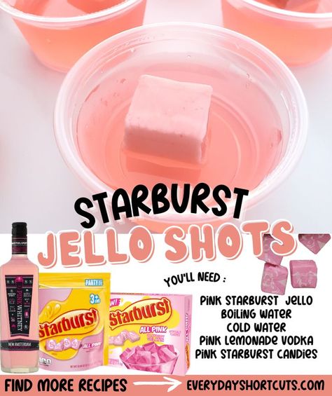 Malibu Barbie Jello Shots, Starburst Watermelon Jello Shots, Strawberry Starburst Jello Shots, Jello Shots Pink Whitney, Pink Whitney Jello Shots Recipe, Pink Jello Shots Recipes, Pretty Jello Shots, Pink Jell-o Shots, Pink Whitney Jello Shots