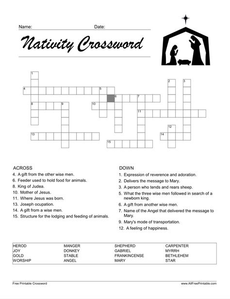 Nativity Crossword Nativity Worksheets, Christmas Crossword Puzzles, Free Printable Crossword Puzzles, Christmas Crossword, Nativity Coloring Pages, Printable Crossword Puzzles, Nativity Of Jesus, Fun Christmas Activities, Classroom Activity