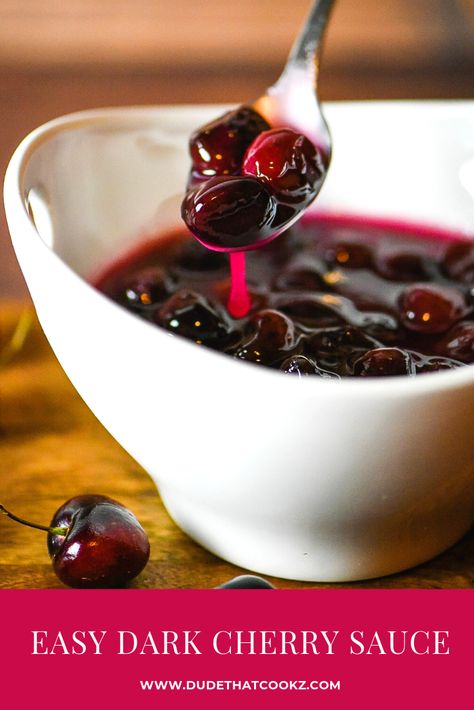 This Easy Dark Cherry Sauce can be used in a lot of different recipes including cherry pie (of course), as a topping over ice cream or an icebox pie, and even savory items like pancakes or crepes. #cherries #darkcherrysauce #cherrysauce #cherrytopping #desserttopping #fruittopping #fruitsauce #cherryfilling Cherry Sauce For Ham, Cherry Stuff, Cake 2023, Refreshing Salads, Best Vanilla Ice Cream, Cherry Pies, Cream Pancakes, Cherry Glaze, 2023 Food