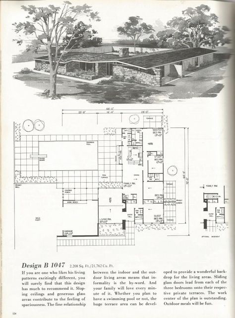 Cool houseplan that centers the home around the pool... 1970s House Plans, Mid Century Mansion, House Plans 2000 Sq Ft, Industrial House Plans, Mansion House Plans, Smart House Plans, Mid Century House Plans, Bungalow Plan, 2000 Sq Ft House