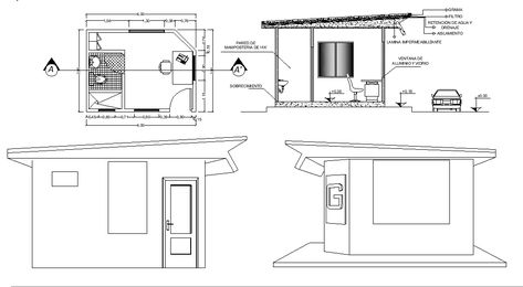 Security Room Design DWG File; 2d cad drawing of security room elevation design showing that wall bricks, grills detail, and truss roof in AutoCAD file. Security Room Plan, Security Cabin Design Architecture, Security Cabin Design, Security Room Design, Cabin Design Plans, Room Elevation, Architecture Materials, Security Room, Drawing House Plans