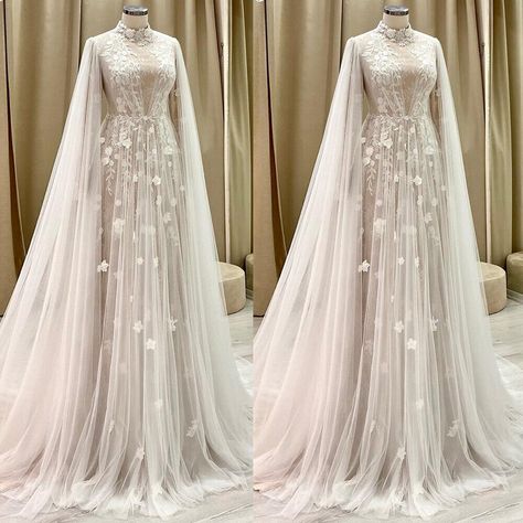 Champagne Wedding Dresses Long Sleeves With Cape Lace Appliques Bridal Gowns | eBay