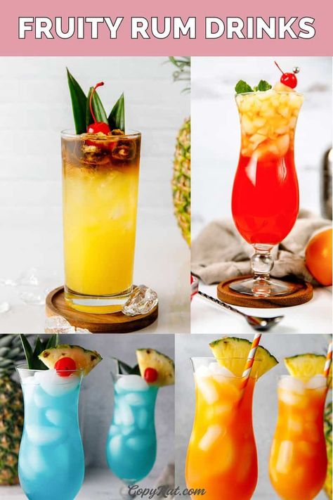 The best fruity drinks with rum! These rum cocktails are sweet, tropical, and perfect for a hot day or anytime you want to enjoy a tasty drink with rum. If you love sweet alcoholic drinks this list is for you! Get the recipes for the best rum drinks to make with simple ingredients. Drinks With Rum, Best Rum Drinks, Fruity Rum Drinks, Mixed Drinks Alcohol Recipes, Sweet Alcoholic Drinks, Rum Mixed Drinks, Fruity Mixed Drinks, Hawaiian Drinks, Drinks To Make