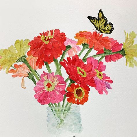 Drawing Zinnias, How To Paint Zinnias Acrylic, Watercolor Zinnias, Zinnia Watercolor Paintings, Painting Zinnia Flowers, Zinnia Watercolor, Zinnia Botanical Illustration, Botanical Journal, Collage Pieces