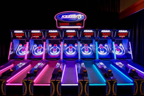 Skee ball Machines with Neon Lights. This is one of Dave Skee Ball Diy Plans, Ski Ball, Light Pink Bedrooms, Indoor Pool Design, Skee Ball, Pink Bedrooms, Home Theater Rooms, Conceptual Illustration, Neon Aesthetic