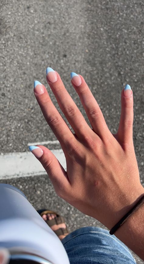 Light Blue Nails French Tip Almond, Lite Blue Nail Ideas, Blue French Tips With White Line, Blue Hoco Nails Short, Light Blue French Tip With Chrome, Powder Blue French Tip Nails, Light Teal French Tip Nails, Nails To Match Light Blue Dress, Nails To Go With Light Blue Dress