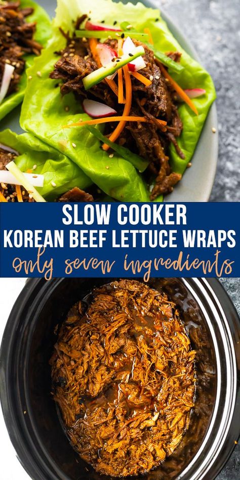 A simple and easy slow cooker Korean beef recipe with only 7 ingredients! Serve in lettuce wraps topped with a light and crunchy sesame-cucumber salad. #sweetpeasandsaffron #koreanbeef #lettucewraps #beeflettucewraps #lunchmealprep #healthymealprep #lowcarbdinners Korean Beef Lettuce Wraps, Korean Beef Recipe, Sweet Peas And Saffron, Salat Wraps, Korean Beef Recipes, Slow Cooker Korean Beef, Saffron Recipes, Beef Lettuce Wraps, Lettuce Wrap Recipes