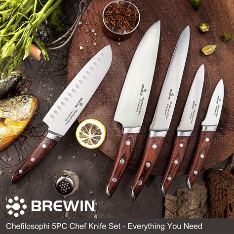 Brewin CHEFILOSOPHI Japanese Chef Knife Set 5 PCS with Elegant Red Pakkawood Handle Ergonomic Design,Professional Ultra Sharp Kitchen Knives for Cooking High Carbon Stainless Steel Cooking Knife Set, Japanese Chef Knife, Cooking Knives, Seven Fishes, Stainless Steel Knife Set, Kitchen Technology, Best Kitchen Knives, Kitchen Knife Set, Japanese Chef