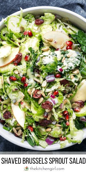 Shaved Brussel sprout salad is nutrition-packed with kale, apples, pomegranate, and cranberries in apple cider vinaigrette. Perfect holiday salad or any day! #brusselsproutsalad #holidaysalad #cranberries #pomegranate #brusselsprouts Shaved Brussel Sprout Salad, Shaved Brussel Sprouts, Brussels Sprout Salad, Holiday Salads, Sprout Salad, Sprouts Salad, Brussels Sprout, Brussel Sprout Salad, Fruit Salad Recipes