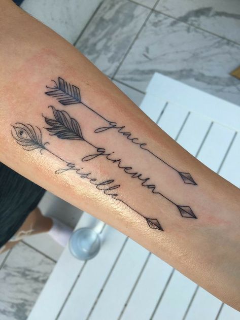 Feather Name Tattoo Ideas, Arrows With Names Tattoo, Stars And Arrows Tattoo, Arrow Tattoos With Names, My Tribe Tattoos For Women, Arrows Tattoos For Women, Sister Name Tattoo Ideas, Arrow Tattoos For Women With Name, Arrow Name Tattoos For Women