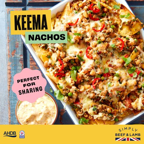 Our lamb Keema recipe is super versatile and great for batch cooking!  Made with British lamb mince, you can use it in a range of different dishes, like making these tasty Keema Nachos.  Packed with flavour, this Indian-Mexican fusion makes a great sharing dish for easy entertaining.   Packed with flavour, this Indian-Mexican fusion makes a great sharing dish for easy entertaining. Qeema Recipe Beef, Lamb Nachos, Christmas Beef Recipes, Lamb Casserole Recipes, Lamb Steak Recipes, Lamb And Beef Shwarma, Lamb Keema, Lamb Mince Recipes, Mexican Food Recipes Beef