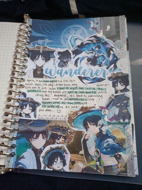 Genshin impact wanderer journal spread idea Scrapbook Poster Ideas, Art Scrapbook Ideas, Genshin Scrapbook, Notebook Cover Design Ideas, Genshin Journal, Mind Map Ideas, Binder Cover Ideas, Aesthetic Genshin, Genshin Impact Wanderer