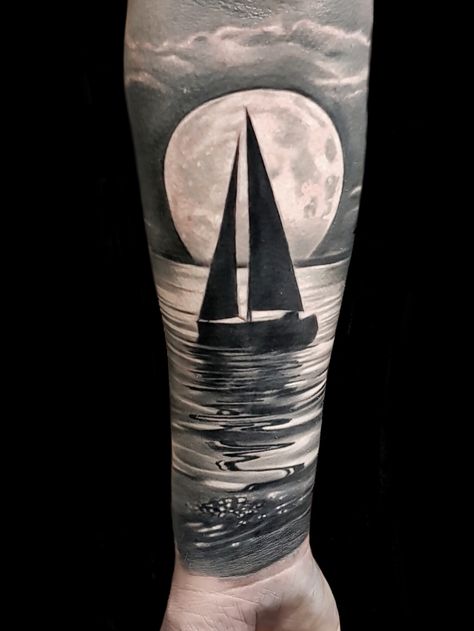 custom realistic black and grey tattoo yacht not boat tattoo Yacht Tattoo Design, Water Realism Tattoo, So We Beat On Boats Against The Current Tattoo, Ship Silhouette Tattoo, Boat On Water Tattoo, Boat Tattoo Men, Boat Tattoo Design, Sail Boat Tattoo, Yacht Tattoo