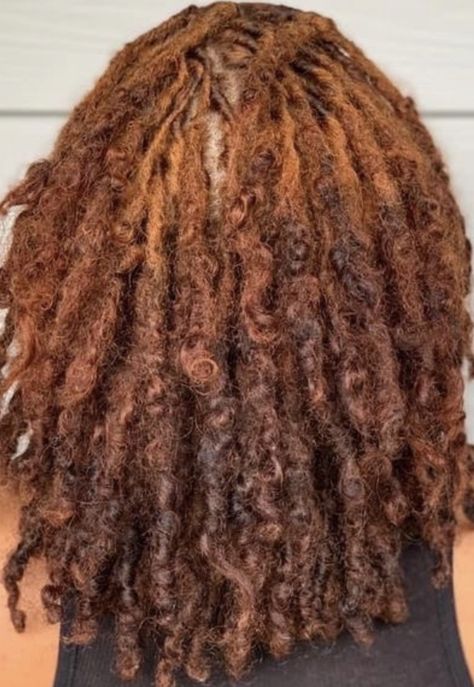 Dark Ginger Hair Black Women Locs, Cinnamon Color Locs, Ginger Red Locs Black Women, Ginger And Brown Locs, Honey Blonde Hair Locs, Blonde Locs On Dark Skin, Beautiful Dreadlocks Styles, Brown Colored Locs, Dyed Locs Brown