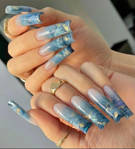 Marble Nails Gold Flakes, Blue Ocean Nails, Pretty Blue Nails, Gold Flake Nails, Xl Nails, Marble Tie Dye, Ocean Nails, Nails Gold, Tie Dye Nails