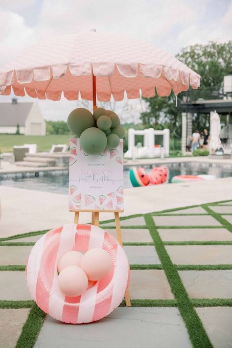 Watermelon Birthday Party Theme, Panel Backdrop, Watermelon Birthday Parties, Pool Party Kids, Pool Party Decorations, Pool Birthday, Watermelon Birthday, Green Balloon, One In A Melon