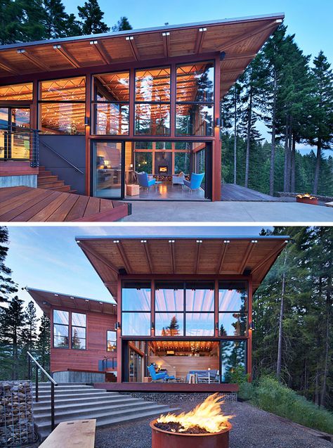 20 Awesome Examples Of Pacific Northwest Architecture // Heavy use of wood and steel protect this house from the elements and large windows take advantage of the views of the surrounding landscape. Northwest Architecture, Pacific Northwest Style, A Modern House, Modern Shed, Modern Mountain Home, Roof Architecture, Shed Roof, Roof Styles, Modern Mountain