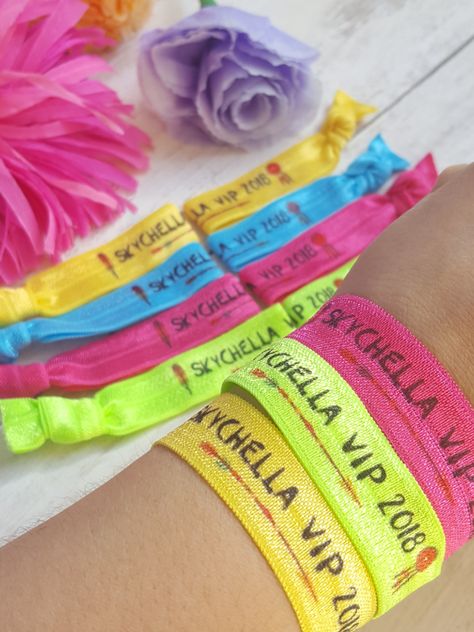 Festival themed party ideas, custom elastic wristbands and bracelet. Coachella themed elastic hair ties. Festival Party supplies. Personalized Hair ties. Your Logo or text here. Coachella Bracelets, Coachella Theme Party Decoration, Festival Party Theme, Coachella Party Decorations, Festival Wristbands, Wristbands Festival, Coachella Theme Party, Coachella Theme, Marketing Gifts