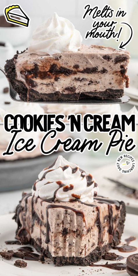 Enjoy every bite of this easy Ice Cream Pie. Oreo crust, layers of ice cream, and crushed cookie center, there’s plenty of chocolaty goodness in every bite! Cookies And Cream Ice Cream Pie, Ice Cream Pie With Oreo Crust, Ice Cream Desserts Easy, Easy Ice Cream Pie, Oreo Ice Cream Pie, Freezer Desserts, Birthday Cake Ice Cream, Cookies And Cream Ice Cream, Ice Cream Pie Recipe