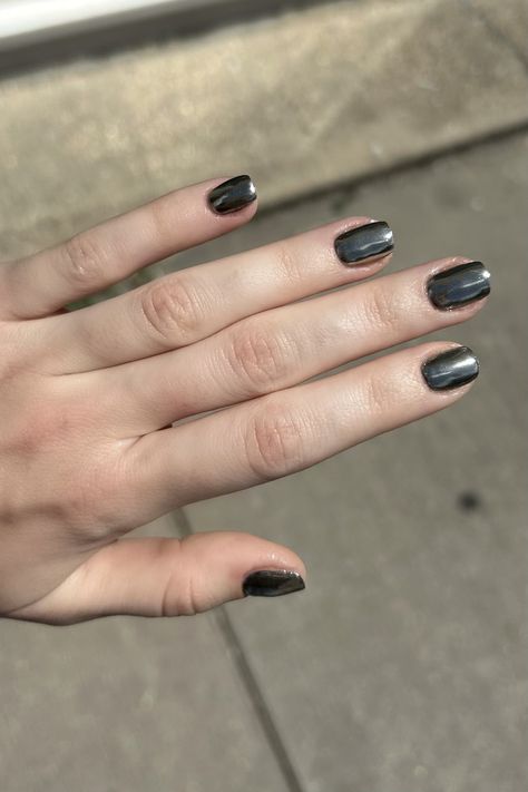 metallic summer nail inspo 🤍⛓️ silver chrome polish #shortnails #nailinspo Metal Nails Chrome, Black Polish With Chrome, Black Nails Chrome Tips, Dark Silver Chrome Nails, Black Chrome Nails Short, Black Nails With Silver Chrome, Short Black Chrome Nails, Metallic Nails Black, Black And Metallic Nails