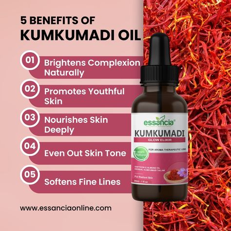 ❤️Kumkumadi Carrier Oil🥰 💥BENEFITS💥 🌟 Brightens Complexion Naturally 🌟 Even Out Skin Tone 🌟 Nourishes Skin Deeply 🌟 Hydrates Dry Skin 🌟 Promotes Youthful Skin 🌟 Softens Fine Lines 😊 SHOP NOW: www.essanciaonline.com #EssentialOils #NaturalBeautyProducts #Aromatherapy #HealthySkinHealthyPlanet #PureOils #MadeInIndia #SustainableLiving #reels #reelsvideos #reeltoreel #reelviral #reelexplore #reeltrending #ʀᴇᴇʟsɪɴsᴛᴀɢʀᴀᴍ Carrier Oil Benefits, Kumkumadi Oil, Carrier Oil, Herbal Oil, Oil Benefits, Skin Care Recipes, Even Out Skin Tone, Youthful Skin, Carrier Oils