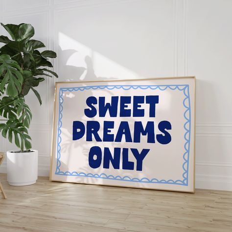 Sweet Dreams Only Art Print | Blue Bedroom Art, Cute Dorm Decor, above bed wall art, night stand art print, bedroom wall decor, navy art Cool Wall Art Ideas Bedrooms, Blue And Yellow Bedroom Decor, Bedroom Artwork Above Bed, Above Bed Artwork, Guest Bedroom Wall Decor, Poster Prints Bedroom, Above The Bed Wall Decor, Bedroom Prints Above Bed, Cute Dorm Decor