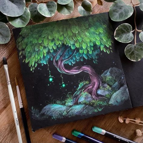 Heidelinde | Which one’s your favourite of these four magic trees? 🌳✨ | Instagram Fantasy Tree Painting, Gouache Reference, Gouache Techniques, Drawing Traditional, Magical Paintings, Magic Drawing, Fantasy Tree, Magical Tree, Art Tutorials Watercolor