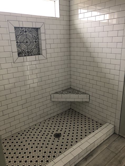 Italianate Bathroom, Subway Tile With Black Grout, Hexagon Shower Floor, Tile With Black Grout, Hexagon Floor, Black Grout, Bathroom Redesign, Small Bathroom Makeover, Black Tiles