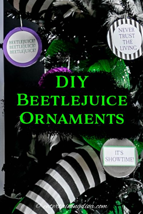 Get in the Halloween spirit with these easy DIY Beetlejuice tree ornaments. Affordable and fun DIY Halloween decor for your Halloween tree. Beetlejuice Tree, Diy Beetlejuice, Beetlejuice Decor, Juice Crafts, Diy Halloween Tree, Beetlejuice Party, Tree Ornaments Diy, Halloween Juice, Halloween Tree Decorations