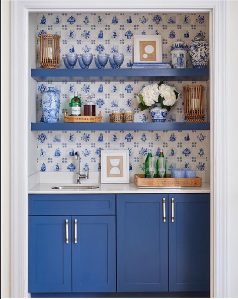 Blue And White Kitchen, Mismatched Furniture, Style Me Pretty Living, Striped Walls, Wet Bars, Nyc Apartment, Blue Kitchens, Wet Bar, Apartment Design