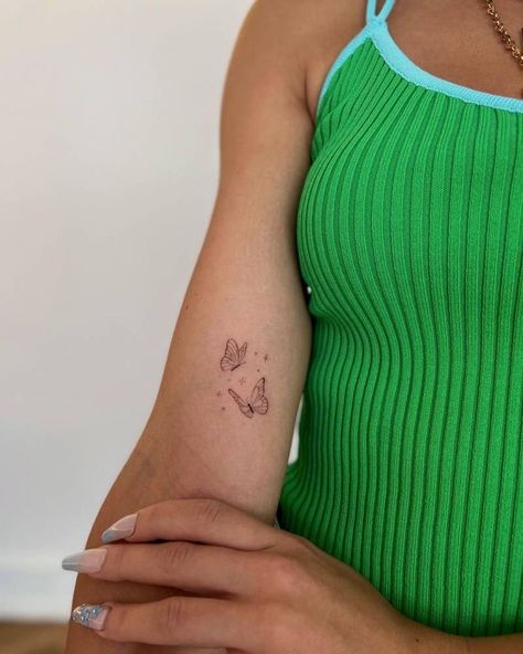 Cute Dainty Butterfly Tattoo, Fine Like Butterfly Tattoo, Butterfly Tattoos Fine Line, 3 Butterfly Tattoo Fine Line, Butterfly Tattoo Couple, Dainty Butterfly Tattoo Arm, Small Tattoo Shoulder Women, Tattoo Two Butterflies, Fine Line Butterflies Tattoo